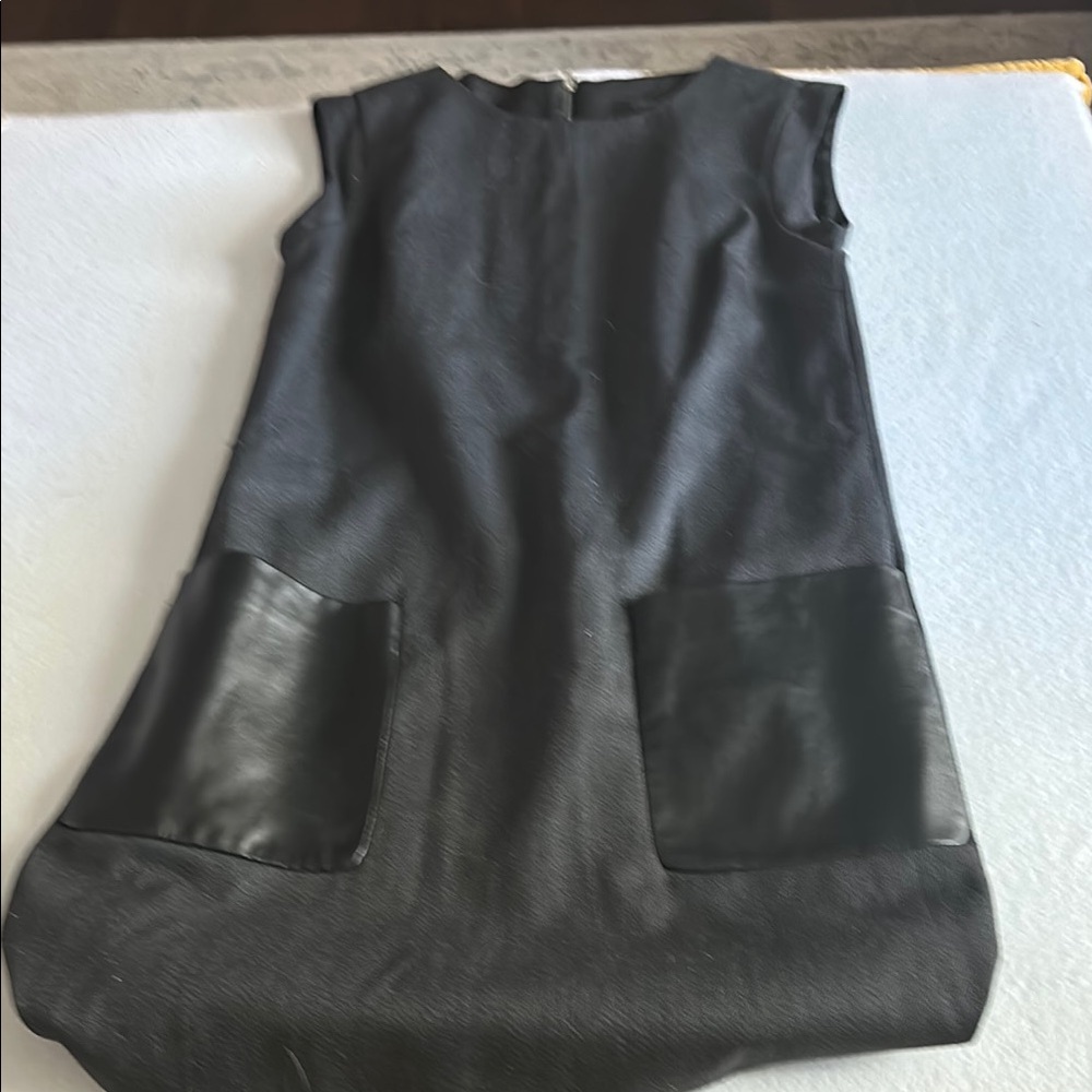 Black Sleeveless Dress with Leather Pockets